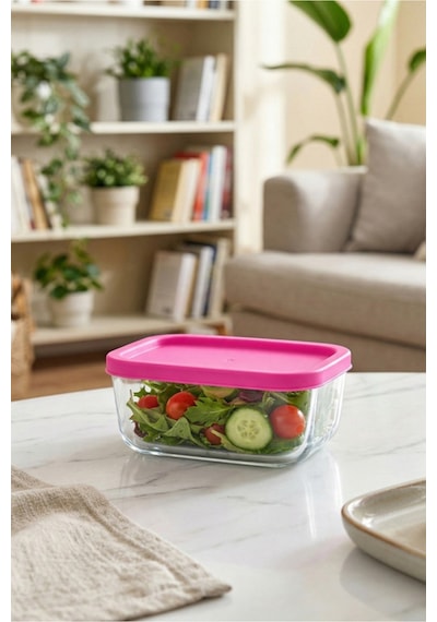 Lav Cube Cam Saklama Kabı 2'li Küçük Boy 405 ml Dikdörtgen Pembe Plastik Kapaklı (Kahvaltılık )