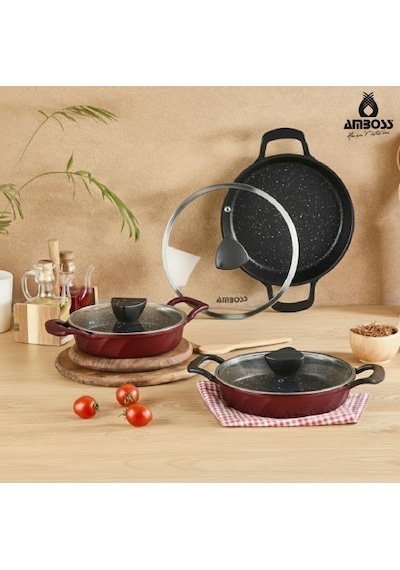 Amboss Vento 6 Parça Cam Kapaklı Döküm Sahan Omlet Seti (Kırmızı)