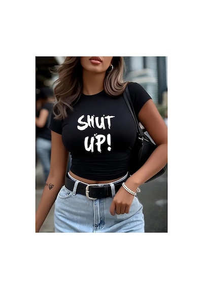 Nevermınd Kadın Crop Baby Tee Shut Up Baskılı Dar Kesim %100 Pamuk Y2k Streetwear Tişört Siyah Siyah Nevermınd Kadın Crop Baby Tee Shut Up Baskılı Dar Kesim %100 Pamuk Y2k Streetwear Tişört Siyah Siyah