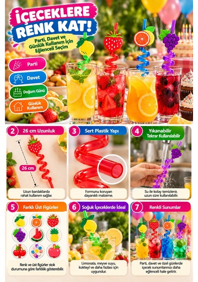4'lü Renkli Spiral Pipet 26 Cm Sert Plastik Yıkanabilir Tekrar Kullanılabilir Parti İçecek Pipeti Xl
