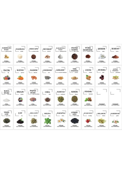 Renkli Kavanoz Etiket Seti-108 Adet Baharat, Bakliyat, Ot Ve Kuruyemiş Etiketi-5x8cm Folyo Sticker Beyaz