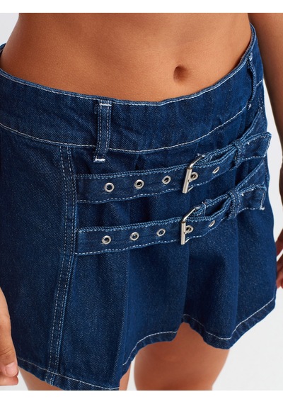 Dilvin Kemer Detaylı Mini Denim Etek Lacivert