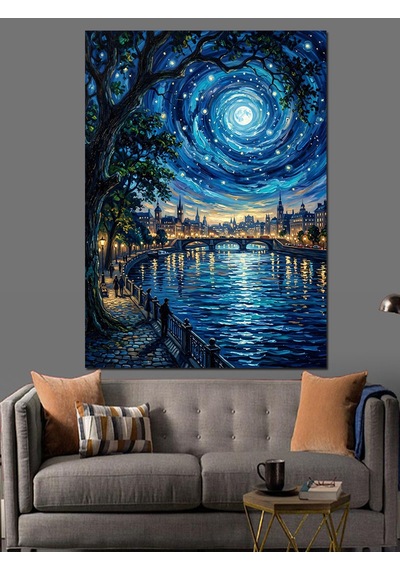 Van Gogh Tarzı Şehir Dekoratif Kanvas - Mdf Ahşap Tablo