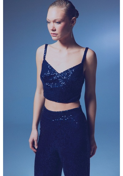 Sateen Kalın Askılı Payet Crop - Lacivert-135340 Lacivert