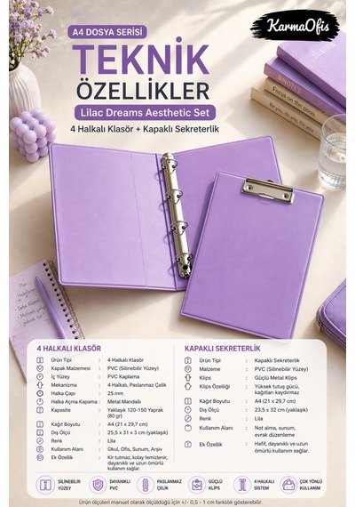 Lilac Dreams Aesthetic Kırtasiye Seti A4 4 Halkalı Klasör + Kapaklı Sekreterlik Pembe Pvc Dosya Organizer