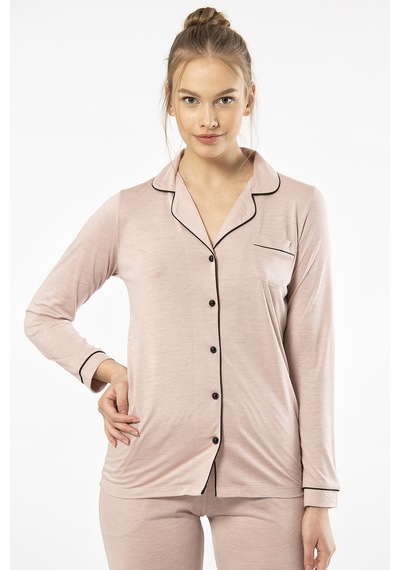 Türen 3365 Kadın Uzun Kollu Gömlek Yaka Pijama Takım-pudra Pudra