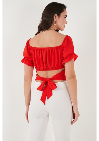 Lela Regular Fit Madonna Yaka Bağlama Detaylı Crop Bayan Bluz 6527017 Nar Çiçeği