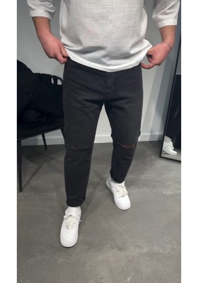 Veraura Lifestyle Erkek Siyah Dizi Yırtık Boyfriend Jean