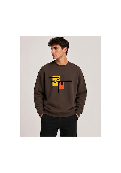 Herkesemoda Future Baskılı Bisiklet Yaka Şardonlu 2 İplik Sweatshirt Kahverengi