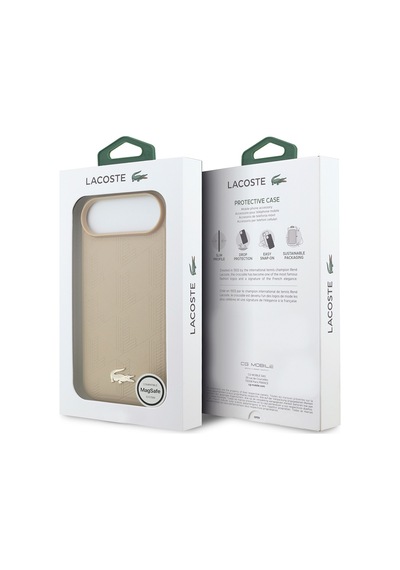 Apple Uyumlu iPhone 17 Air Kılıf Lacoste Lisanslı M-safeli Pu Deri Tasarımlı Karışık Monogram Desenli Kapak Bej Bej