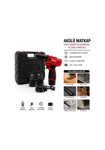 Jenerik 12v Çift Bataryalı Şarjlı Matkap 2 Kademe Hız