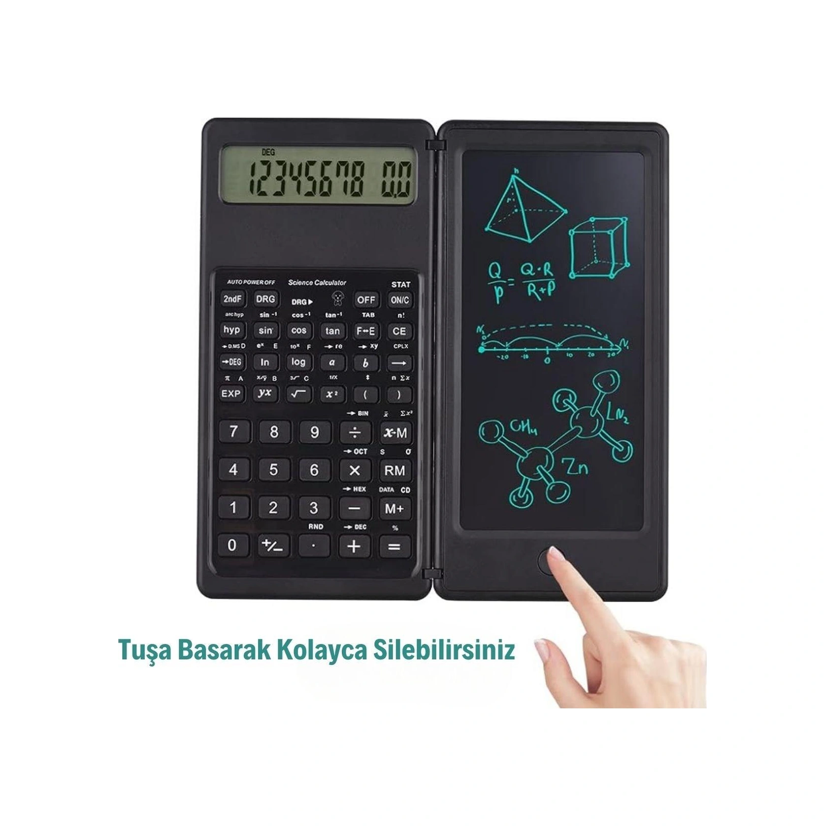 Silinebilir Lcd Yazı Tabletli,kalemli Katlanabilir Bilimsel Hesap Makinesi Açık Mavi
