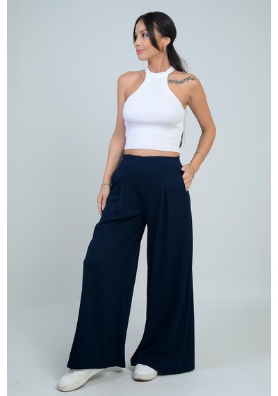 By Saygı Kadın Beli Lastikli Cepli Önü Pileli Bol Paça Osyho Pantolon-41743 Lacivert