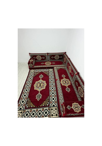 Güneş Modeli Bordo Otantik Şark Köşesi Takımı L Set - Geleneksel Yer Minderi Seti 10 Cm Minder Kalınlığı 10 Parça