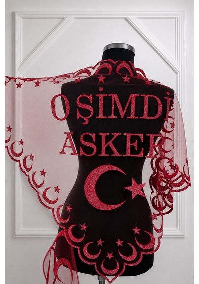 Azra Kına Kırmızı Simli O Şimdi Asker Yazılı, Asker, Sağdıç Kına Omuz Örtüsü, Kına Örtüsü, Asker Örtüsü Şalı, Söz Nişan Düğün Asker Kına Örtüsü