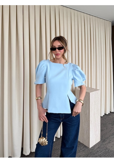Laluvia Mavi Kolu İnci Fiyonk Detaylı Bluz - 5001 Mavi