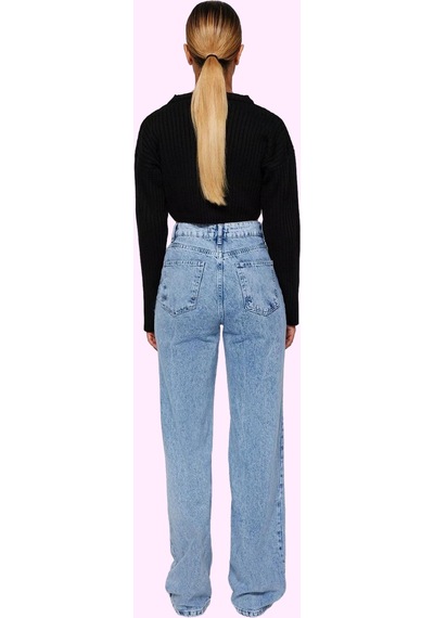 Ersefa Kadın Wide Leg Denim Pantolon Yüksek Bel Fonksiyonel Dayanıklı Ka Açık Mavi