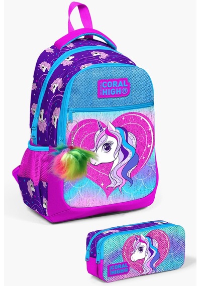 Coral High Kids Mor Pembe Unicorn Desenli 2'li Okul Çanta Seti Set0223492