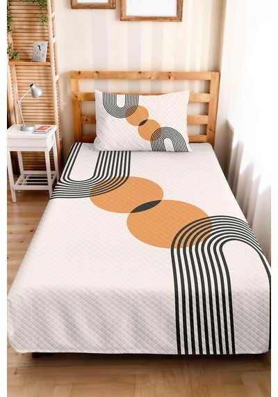 Geometrik Modern Turuncu Genç Odası Tek Kişilik Pike Takımı - Siyah 160x220 Cm Kapitone Yatak Örtüsü Keten Eşik Örtüsü