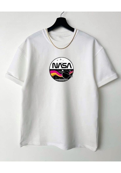 Flood Of Style Kadın Beyaz Nasa Oversize Bisiklet Yaka Tshirt