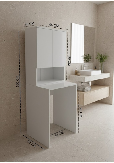 Tuna Çamaşır Makinesi Dolabı, Alt Üst Set, Kapaklı, Banyo Dolabı Beyaz Beyaz
