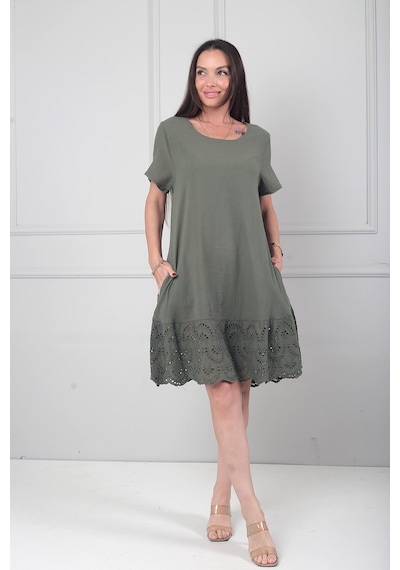 By Saygı Kadın İtalyan Kısa Kollu Eteği Fisto Astarlı Cepli Cotton Midi Elbise Haki