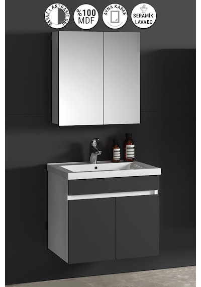 Çiğdem 55 Cm Beyaz-antrasit Gri Mdf Asma Banyo Dolabı Takımı Beyaz - Antrasit