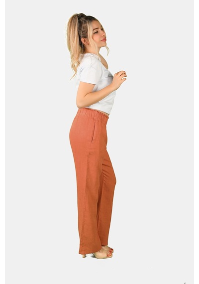 Balins Beli Lastikli Keten Pantolon Kiremit