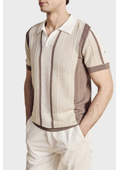 Brooks Brothers Düğmesiz Çizgili Keten Karışımlı Kısa Kollu Polo Yaka Kazak Erkek Polo Yaka Kazak Bbss26mkl008463 Vizon-ekru-beyaz