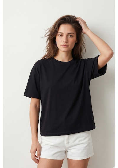 Elemge Pamuk Süprem Tok Kumaş Kadın Boxy Fit Siyah T-shirt Bol Kesim Düşük Omuzlu Bisiklet Yaka Oversize Tişört