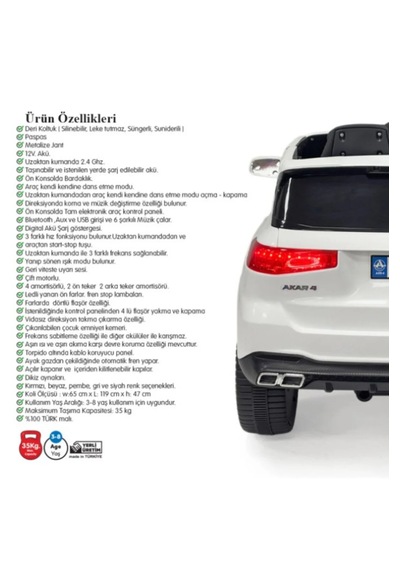 Miracle 12v Uzaktan Kumandalı Akülü Araba Suv Model Çocuk Arabası Beyaz