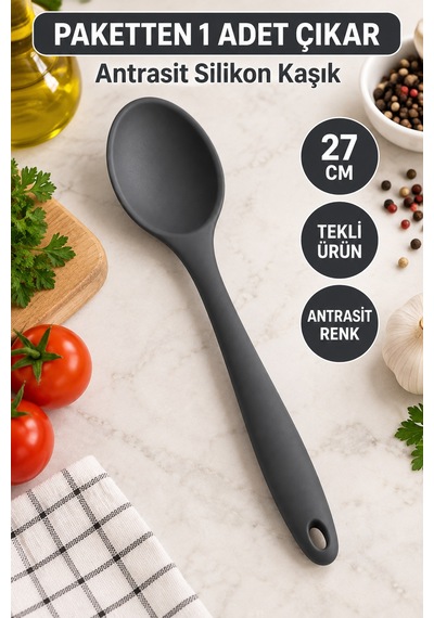 Tekli Antrasit Büyük Boy Silikon Kaşık 27 Cm Mutfak Yemek Pişirme Ve Servis Kaşığı Mutfak Yardımcısı