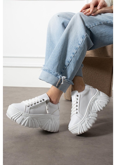 Shoetek Bozhena Kadın Sneakers Bağcıklı Dolgu Tabanlı Spor Ayakkabı Beyaz Deri Beyaz