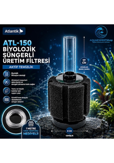 Atlantik Biyolojik Süngerli Üretim Filtresi - Temizlik Filtresi - Pipo Filtre - Aktif Temizlik - . 17x Cm - 1 Metre Hava Hortumu Hediye