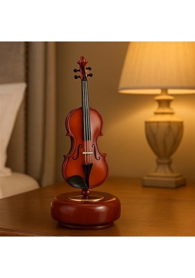 Dekoratif Klasik Keman Figürlü Müzik Kutusu 18 Cm Ahşap Standlı Retro Döner Mekanizmalı Masaüstü Süs Ve Hediyelik