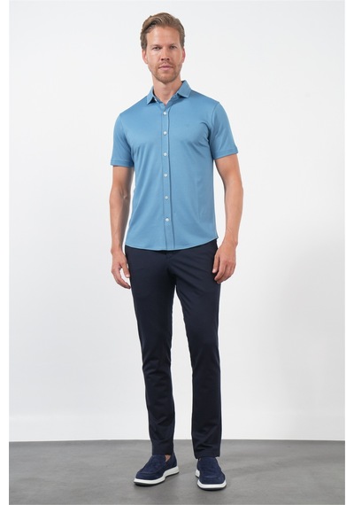 İmza Mavi İtalyan Yaka Kısa Kol Cepsiz Slim Fit Pamuklu Gömlek 1004260158 Koyu Mavi