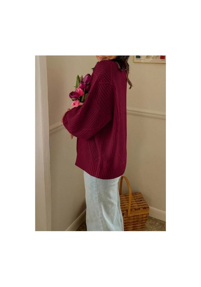Sayzen Your Shine Selanik Örgülü Oversize Bisiklet Yaka Oversize Kadın Kazak Bordo