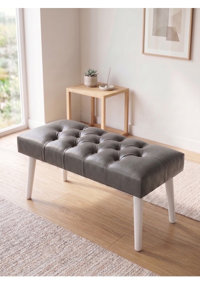 Modern Kapitoneli Gri Deri Kumaş Bench Puf Oturma Bankı Ahşap Beyaz Ayaklı Demonte 90x45