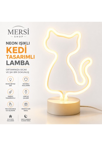 Neon Led Kedi Lamba Dekoratif Masaüstü Gece Lambası Usb & Pilli