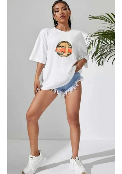 Tarzsokak Unisex Vosvos Baskılı Pamuklu Penye Tshirt Beyaz