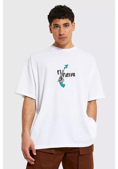 Gang Serıes Erkek Beyaz Oversize Pablo El Patron Baskılı T-shirt Beyaz