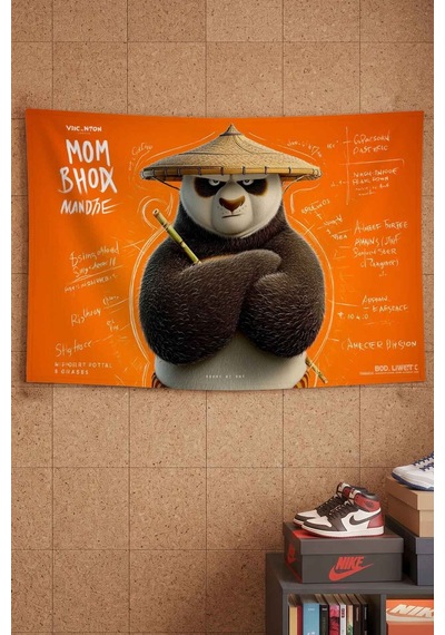 Kung Fu Panda Po Usta Savaşçı Turuncu Dekoratif Duvar Örtüsü Duvar Halısı Beyaz