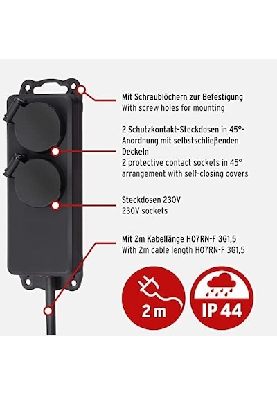Ip44 Priz Dağıtıcısı, 2&apos Li Şantiye Kullanımı Ve Açık Havada Sürekli Kullanım İçin Çoklu Priz, 2 M Kablo Siyah