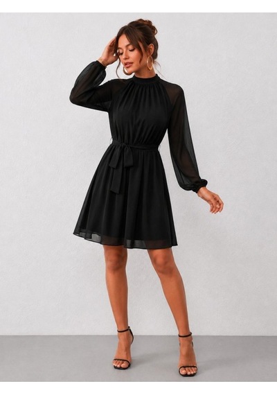 Bhrwear Kadın Uzun Kollu Yarı Balıkçı Yakalı Astar Detaylı Belden Kuşaklı Şifon Kısa Elbise Renkli