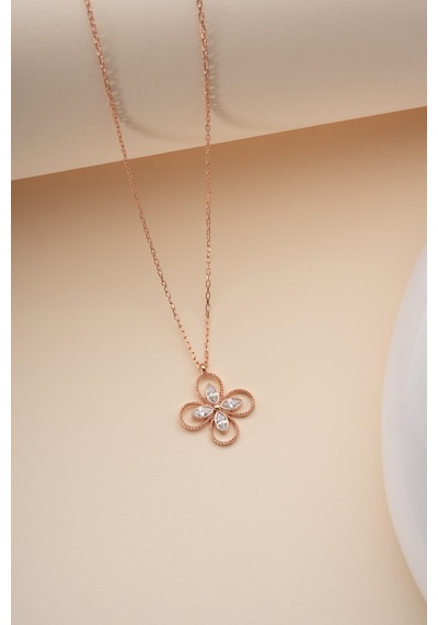 925 Ayar Gümüş Rose Kaplama Beyaz Taşlı 4 Yapraklı Yonca Kolye Rose Gold