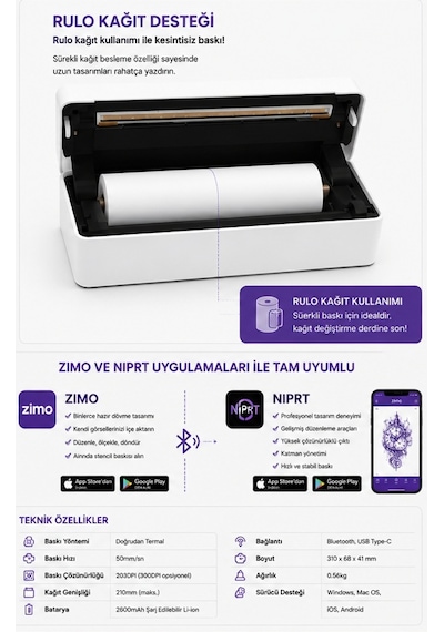 Zjiang Bluetooth Taşınabilir Profesyonel Dövme Şablonu Tattoo Yazıcısı Termal Yazıcı
