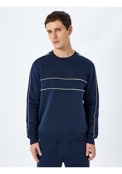 Koton Pamuk Karışımlı Uzun Kollu Biyeli Bisiklet Yaka Sweatshirt Lacivert 5wam70258mk Lacivert
