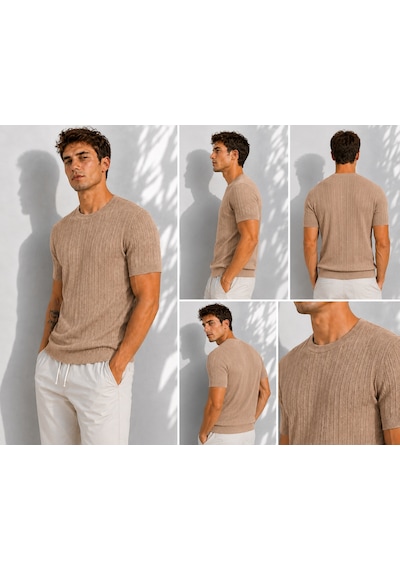 Ribana Erkek Bisiklet Yaka Kısa Kollu Esnek Örme Triko T-shirt 26091 A.kahve