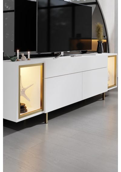Zenith Gold Demir Ayaklı Rgb Led Işık Sistemli Beyaz Tv Ünitesi Tv Sehpası Beyaz - Altın Zenith Gold Demir Ayaklı Rgb Led Işık Sistemli Beyaz Tv Ünitesi Tv Sehpası Beyaz - Altın