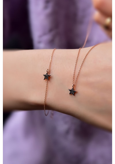 Papatya Silver 925 Ayar Gümüş Rose Kaplama Zirkon Taşlı Yıldız Kolye ve Bileklik Set